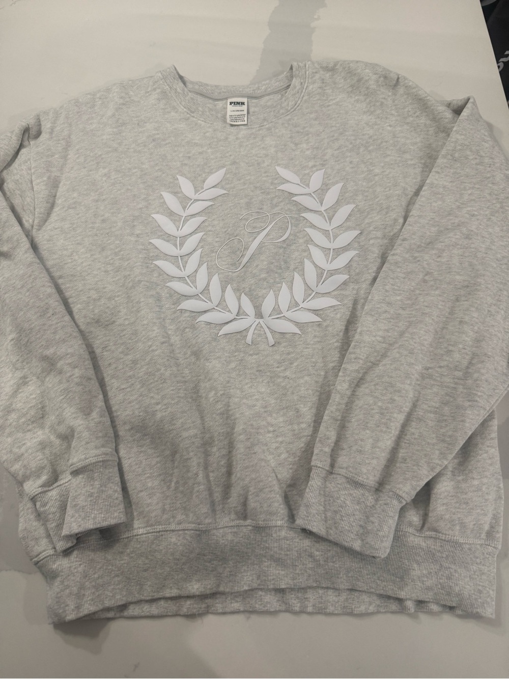 PINK Victoria's Secret Light Gray Crewneck Sweatshirt with Laurel Wreath